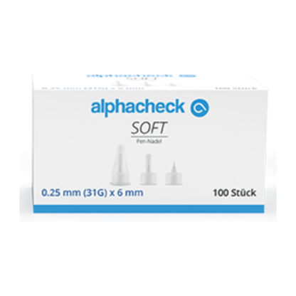 Uma caixa branca com texto azul e cinza e a inscrição "Alphacheck soft Pen-Nadeln, verschiedene Größen, 100 Stück/Packung" e "0,25 mm (31G) x 6 mm". Na caixa, há imagens de agulhas para caneta de vários tamanhos para injeção de insulina, e no canto inferior direito está "100 Stück". A marca exibida é Berger Med GmbH.