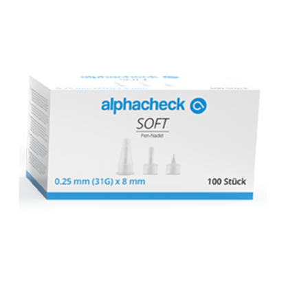 Uma caixa branca e azul com a inscrição "Alphacheck soft Pen-Nadeln, verschiedene Größen, 100 Stück/Packung" da Berger Med GmbH contém 100 agulhas para caneta para injeção de insulina. As especificações do produto são 0,25 mm (31G) x 8 mm. A caixa, cuja frente exibe imagens das agulhas para caneta, oferece várias opções de tamanhos para diversas necessidades médicas.