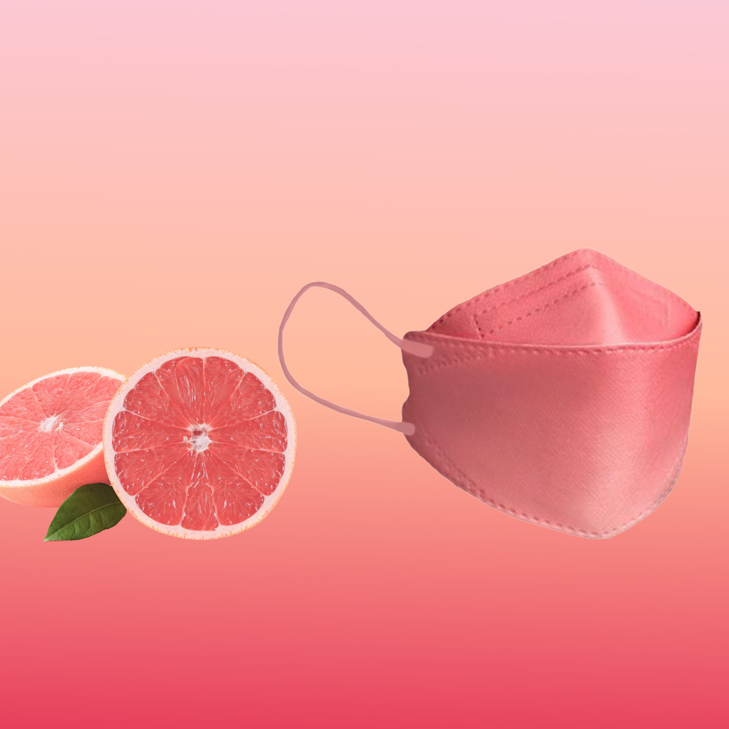 Uma máscara facial de designer Altruan com filtro de partículas (padrão FFP2) está elegantemente posicionada ao lado de duas metades de toranja sobre um fundo rosa com gradiente, destacando seu design elegante e ajuste ergonômico.