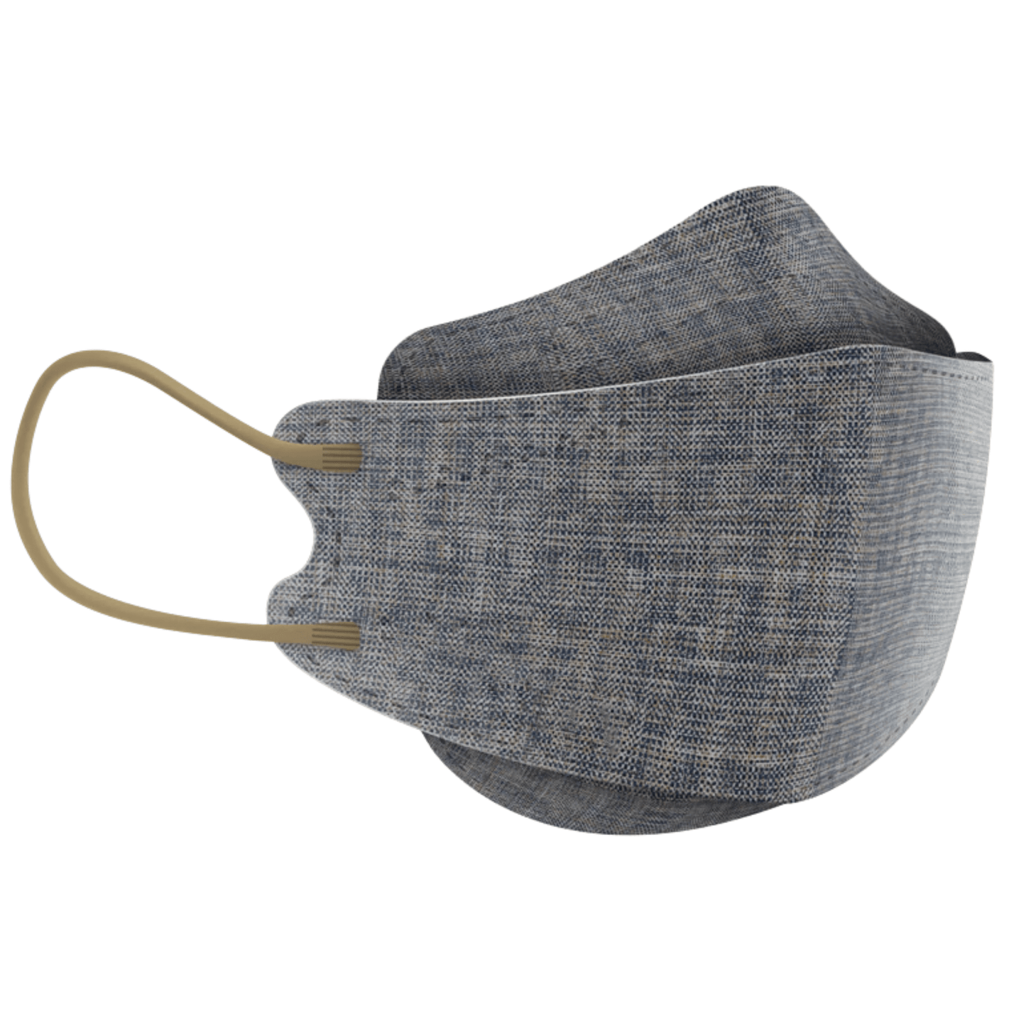 A máscara facial de designer Altruan com filtro de partículas (padrão FFP2) é apresentada em azul com um design tridimensional. Ela possui duas alças de orelha bege e costuras visíveis, incorporando um design moderno e atendendo ao padrão FFP2 para proteção eficaz. O tecido entrelaçado melhora a durabilidade e o conforto.
