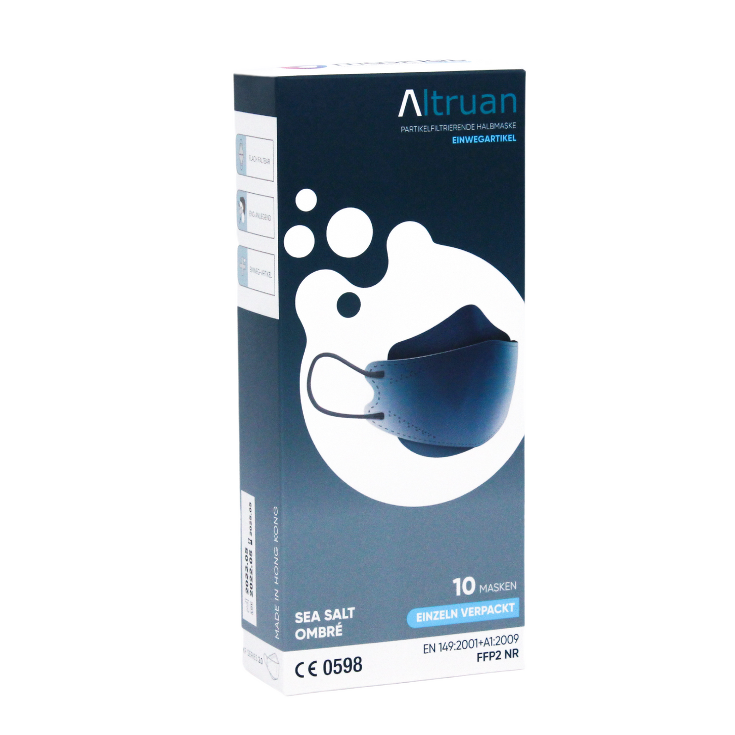Uma embalagem de máscaras faciais de designer Altruan com filtro de partículas que atendem aos padrões FFP2 e apresentam um design elegante. A embalagem é azul escura com um padrão de bolhas brancas e contém uma imagem da máscara. Ela contém 10 máscaras, completas com detalhes de certificação e padrão.