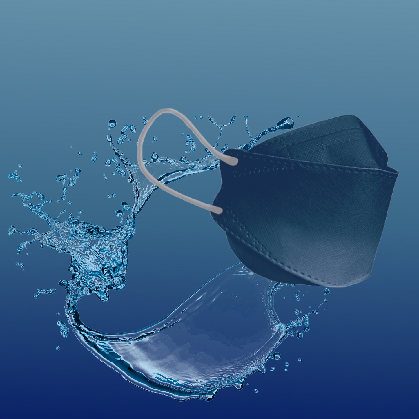 Uma máscara facial de designer Altruan com filtro de partículas (padrão FFP2) é apresentada em um fundo azul com gradiente, com um redemoinho de água ao redor, transmitindo frescor e limpeza.