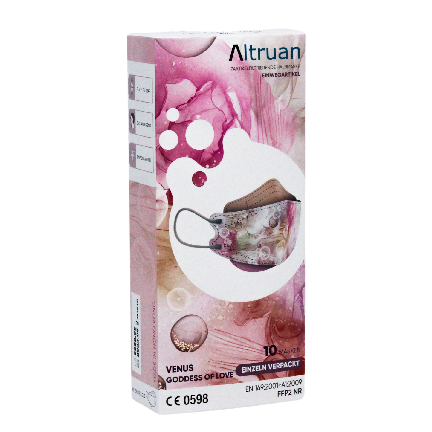 Uma embalagem de máscara facial de designer Altruan com filtro de partículas (padrão FFP2) no design "Venus Goddess of Love" oferece proteção eficaz. A embalagem é predominantemente rosa com ilustrações abstratas e atende ao padrão FFP2. Dentro, há 10 máscaras, uma delas com um padrão floral moderno.