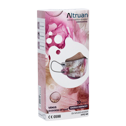 Uma embalagem de máscara facial de designer Altruan com filtro de partículas (padrão FFP2) no design "Venus Goddess of Love" oferece proteção eficaz. A embalagem é predominantemente rosa com ilustrações abstratas e atende ao padrão FFP2. Dentro, há 10 máscaras, uma delas com um padrão floral moderno.