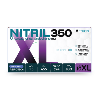 Uma caixa de luvas de nitrilo Altruan NITRIL350, luvas descartáveis, azuis – 100 unidades de luvas de exame de nitrilo não estéreis, sem látex, azul-violeta em tamanho XXL, com certificações e detalhes do produto.
