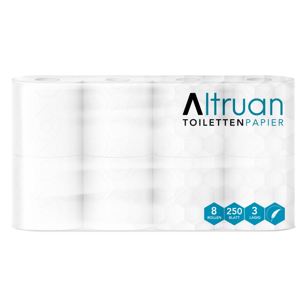 Um conjunto embalado com 8 rolos da marca "Altruan Papel Higiénico" da Meditrade GmbH. Na embalagem está indicado que cada rolo é composto por 250 folhas de papel higiénico branco de 3 camadas, feito de 100% celulose.