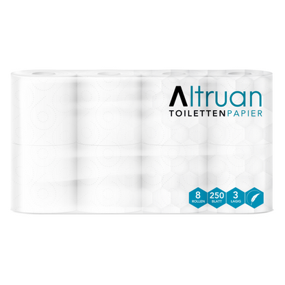 Um conjunto embalado com 8 rolos da marca "Altruan Papel Higiénico" da Meditrade GmbH. Na embalagem está indicado que cada rolo é composto por 250 folhas de papel higiénico branco de 3 camadas, feito de 100% celulose.