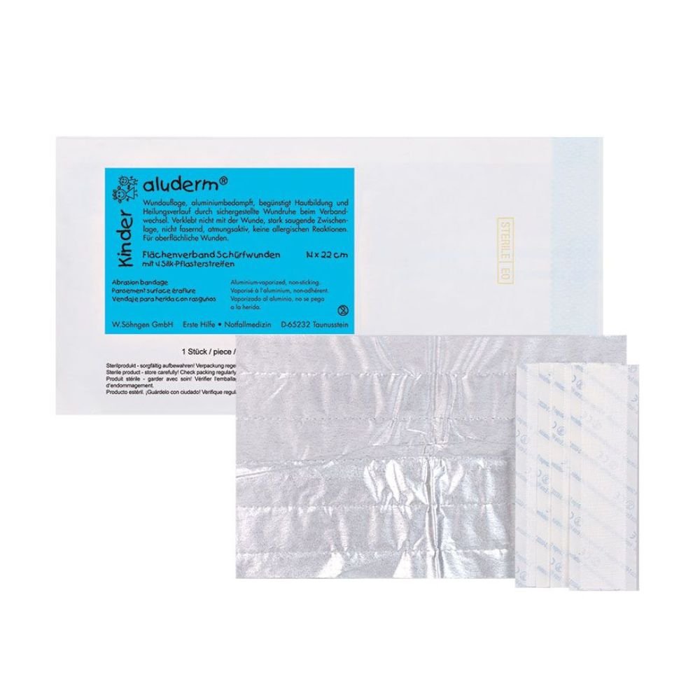 O aluderm® Kinder Flächenverband Schürfwunden da W. Söhngen GmbH é um curativo retangular folheado a filme com a inscrição azul "aluderm" - ideal para escoriações e pele sensível de crianças. A embalagem mostra informações do produto e branding.