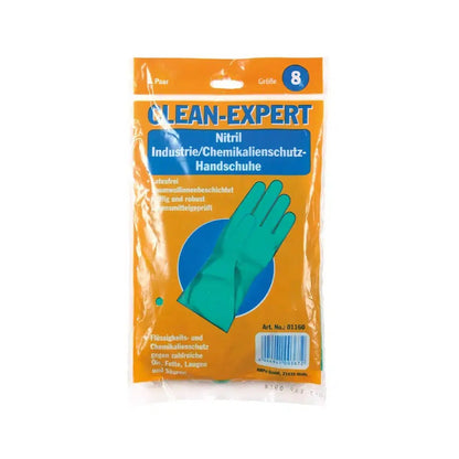 Embalagem da luva química de nitrilo "Clean-Expert" tamanho 8 da AMPri Handelsgesellschaft mbH. A embalagem laranja contém um texto em alemão e no meio a imagem de uma única luva verde. O nome da marca é bem visível no topo e destaca estas luvas industriais pela sua excelente proteção contra produtos químicos.