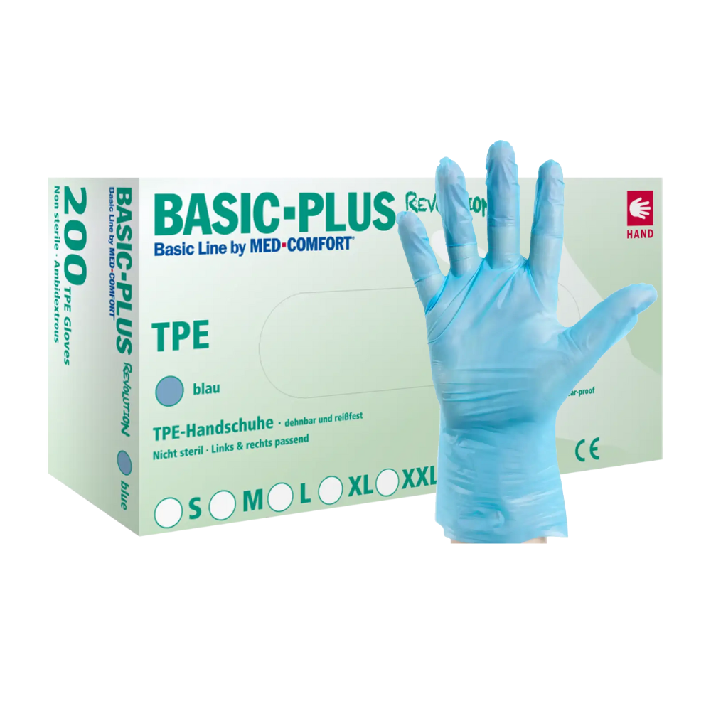 Eine Packung AMPri TPE-Handschuhe in blau von Ampri, abgebildet mit einem ausgezogenen Handschuh; auf der Schachtel sind Größen- und Mengenangaben angegeben.