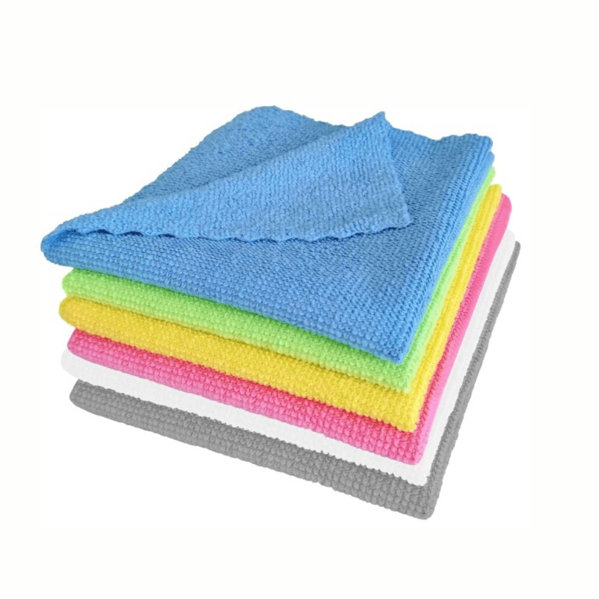 Uma pilha de panos de microfibra Arcora ECO-LINE 2in1 em azul, verde, amarelo, rosa, branco e cinza da Arcora International GmbH está organizada de forma ordenada para desinfecção de superfícies. O pano azul texturizado está no topo da pilha, garantindo limpeza e eficiência a cada passada.