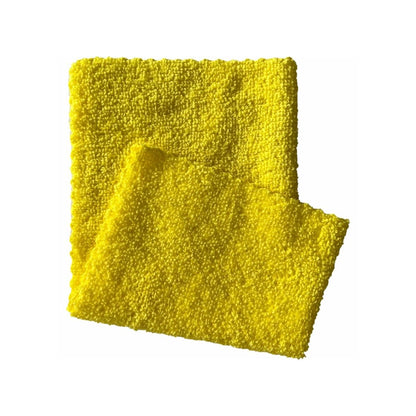 Dois panos de microfibra amarelo brilhante Arcora ECO-LINE 2in1, ideais para desinfecção de superfícies na área da saúde, estão sobre um fundo branco. Um está parcialmente dobrado sobre o outro, destacando a textura macia e a cor vibrante.