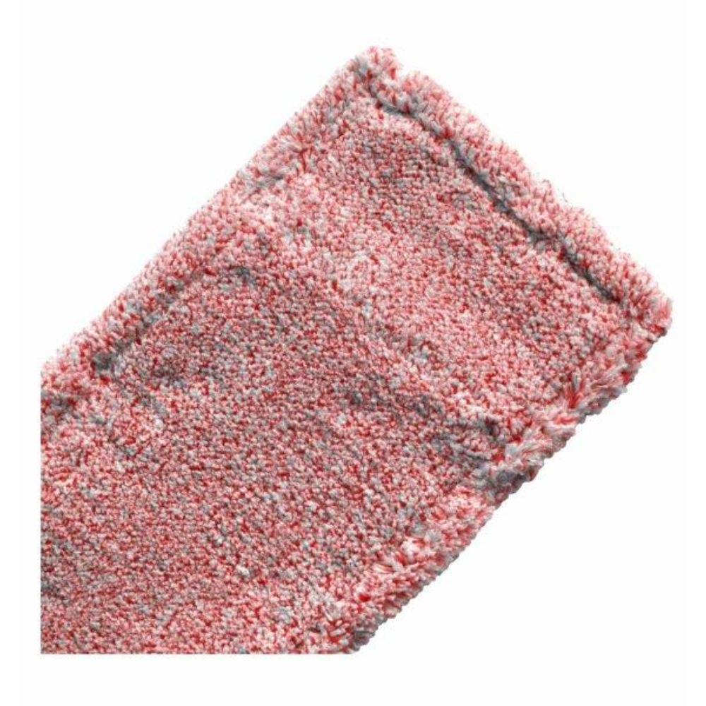 Uma visão aproximada de dois panos Arcora Micro Red - Fc Ohne Deckblatt rosa e cinza da Arcora International GmbH mostra sua superfície de microfibra macia e texturizada e as bordas costuradas - ideal para a absorção de sujeira na limpeza de manutenção.