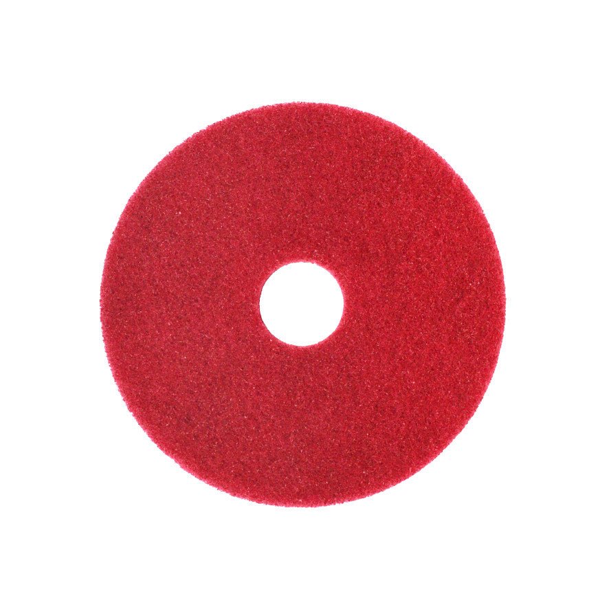 O Arcora Superpad Vermelho para limpeza de manutenção da Arcora International GmbH, concebido para uso com máquinas de limpeza ou limpadores de spray até 400 U/min, é mostrado em vermelho com um furo central sobre um fundo branco.
