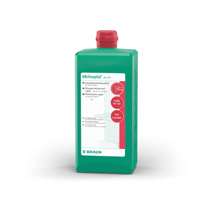Uma garrafa verde retangular com uma tampa vermelha e a inscrição «B. Braun O «Meliseptol® acute Desinfetante de Superfícies» está pronto a utilizar e desinfeta eficazmente superfícies resistentes ao álcool. Na parte inferior do rótulo, destaca-se o nome da marca «B. Braun «Deutschland GmbH & Co. KG».