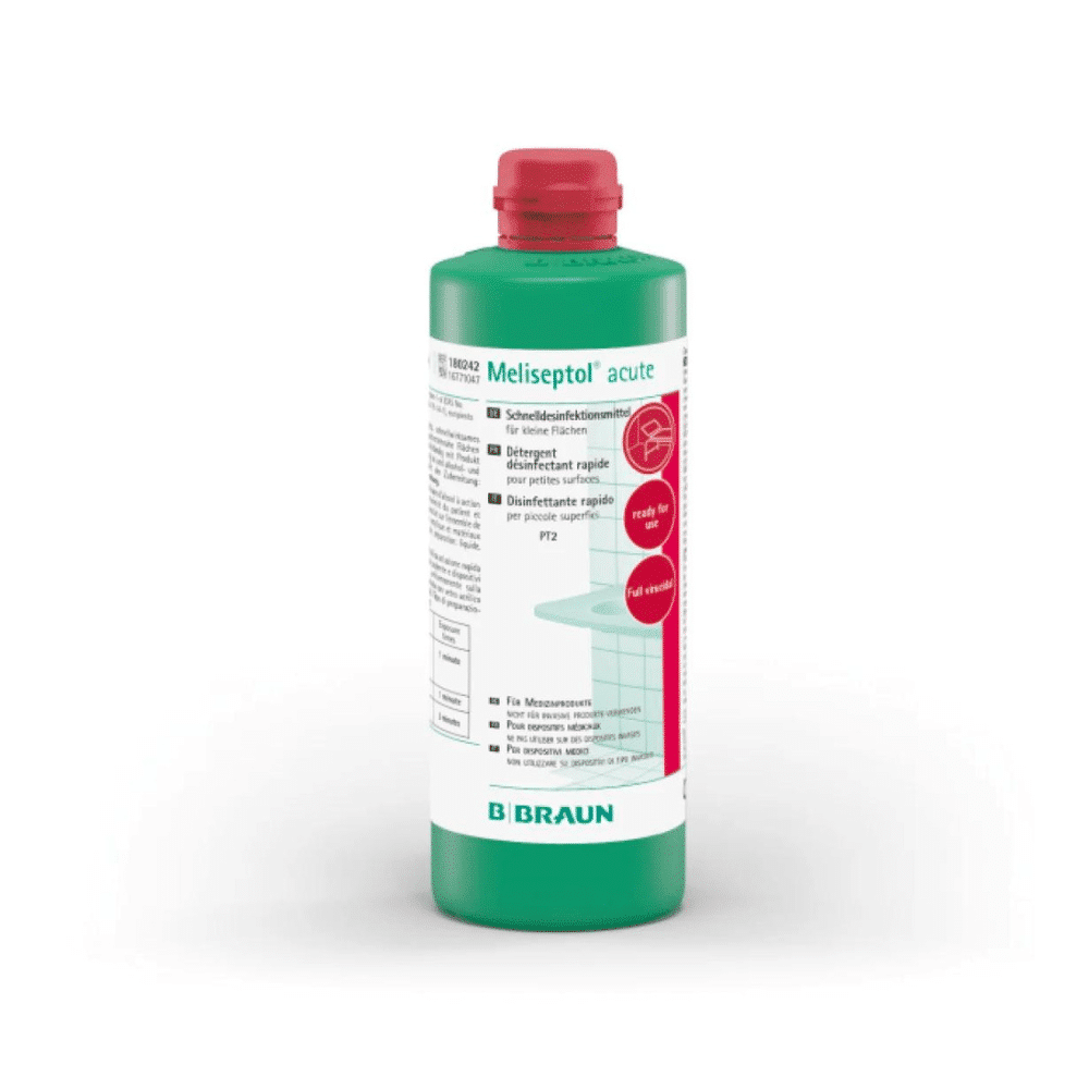 Uma garrafa B. Braun Meliseptol® acute – Desinfetante de superfícies com tampa vermelha e etiqueta verde. O logótipo da B. Braun A «Deutschland GmbH & Co. KG» pode ser vista claramente na parte inferior. No rótulo, são visíveis textos e símbolos que indicam as propriedades desinfetantes e a rápida eficácia em superfícies resistentes ao álcool, para um efeito virucida abrangente.