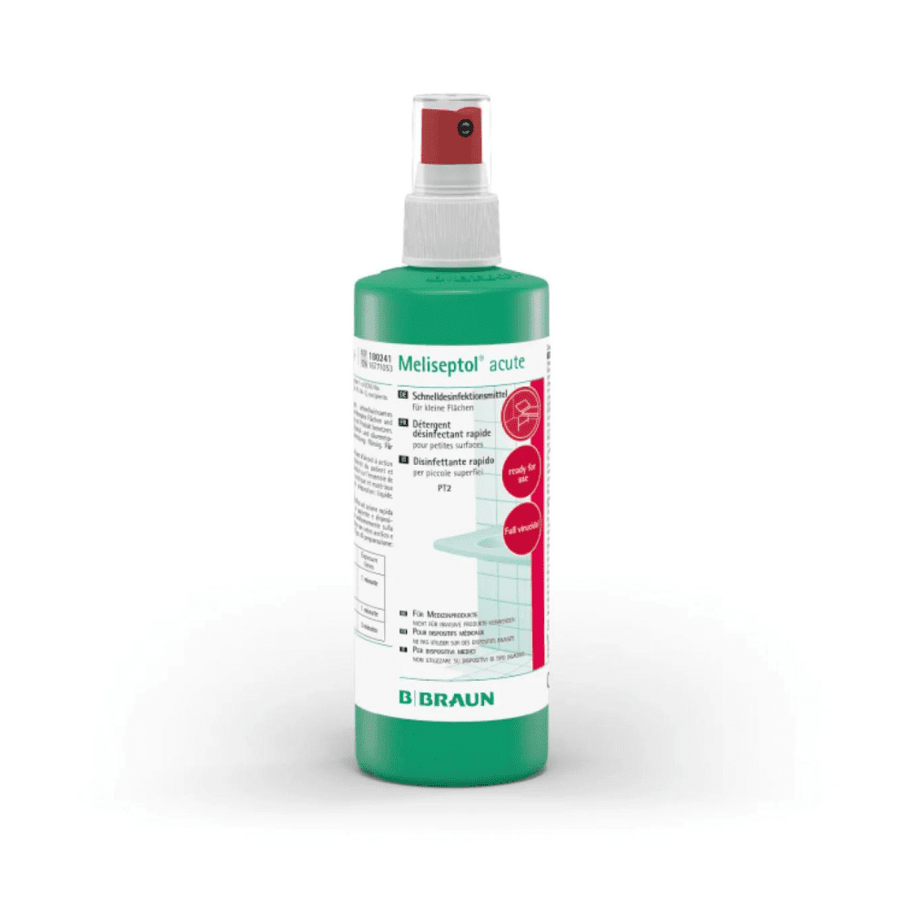 A B. Braun Meliseptol® acute – Desinfeção de superfícies da B. Braun O produto «Deutschland GmbH & Co. KG» foi concebido para superfícies resistentes ao álcool e é fornecido numa garrafa verde e branca com bico vermelho. No rótulo encontram-se instruções de utilização detalhadas, na qualidade de desinfectante de superfícies com efeito virucida abrangente, bem como informações de segurança.