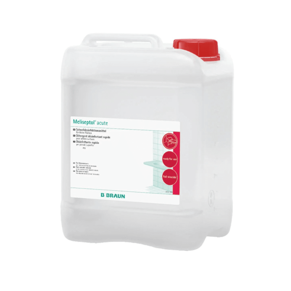 Um B. Braun O Meliseptol® — recipiente para desinfeção de superfícies em casos agudos, com corpo branco e tampa vermelha — foi concebido para utilização em superfícies resistentes ao álcool e oferece propriedades virucidas abrangentes desde a B. Braun Alemanha GmbH & Co. KG.