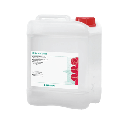 Um B. Braun O Meliseptol® — recipiente para desinfeção de superfícies em casos agudos, com corpo branco e tampa vermelha — foi concebido para utilização em superfícies resistentes ao álcool e oferece propriedades virucidas abrangentes desde a B. Braun Alemanha GmbH & Co. KG.