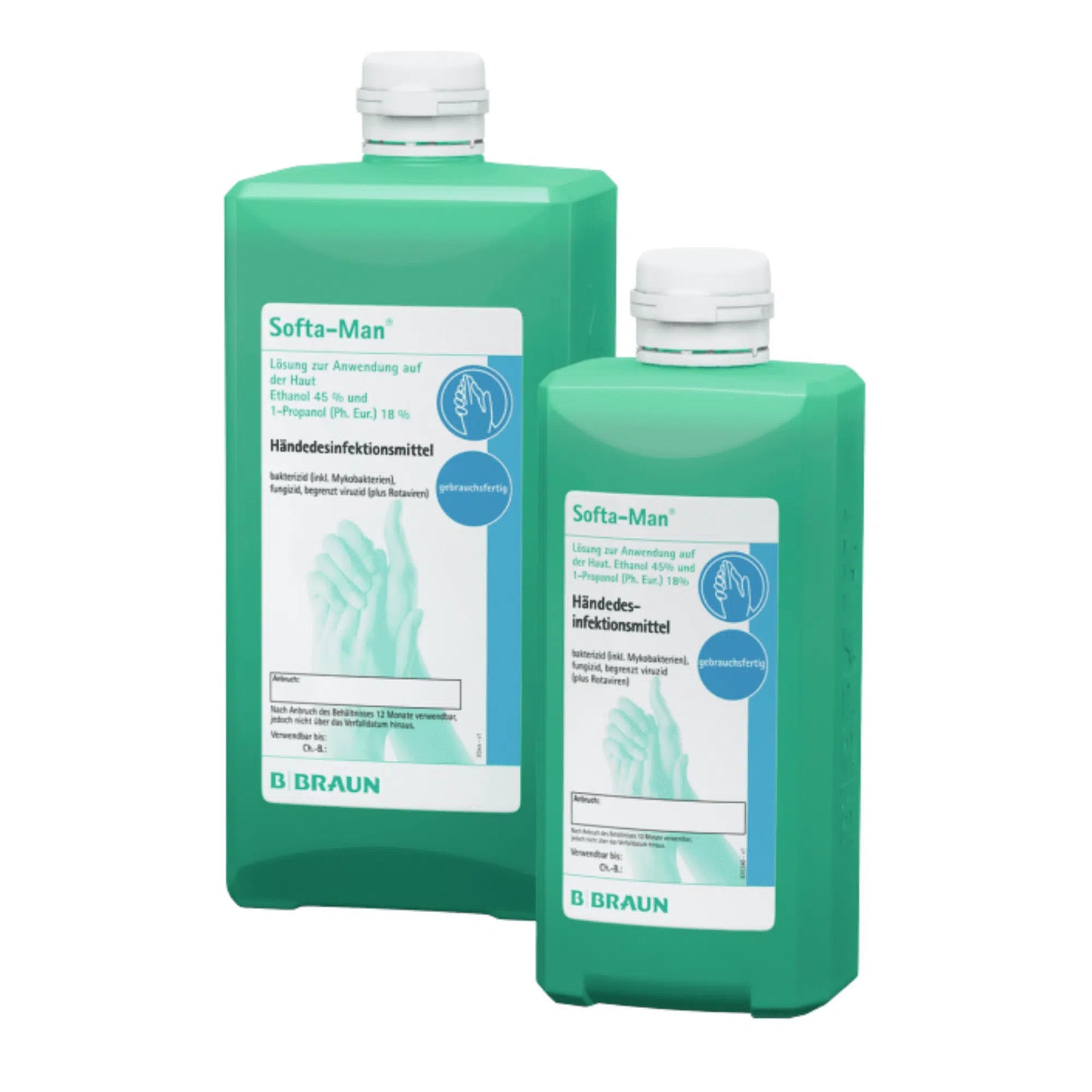 São exibidas duas garrafas verdes B. Braun Softa-Man® desinfetante para mãos, rotuladas em alemão. Cada garrafa tem uma tampa branca e um rótulo azul e branco com uma imagem de mãos. A marca "B. Braun Deutschland GmbH & Co. KG" é claramente visível na parte inferior, destacando o compromisso da empresa com a compatibilidade com a pele.