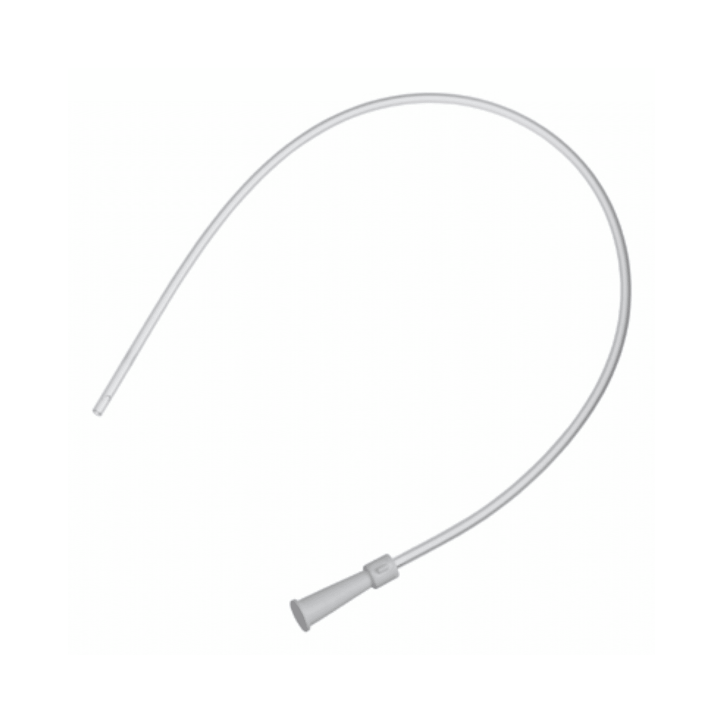 Uma imagem do cateter de sucção B. Braun tipo Ideal com ponta reta e adaptadores de funil codificados por cores. O tubo médico flexível e branco está enrolado em forma de semicírculo, destacando suas excelentes propriedades de deslizamento contra o fundo branco simples.
