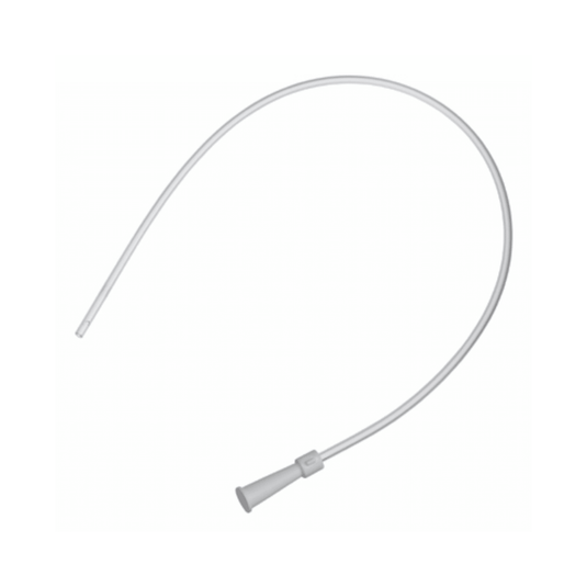 Uma imagem do B. Braun Cateter de aspiração do tipo Ideal, com ponta reta e adaptadores em forma de funil com código de cores. O tubo médico flexível e branco está enrolado em forma de semicírculo, o que realça as suas excelentes propriedades de deslizamento contra o fundo branco liso.