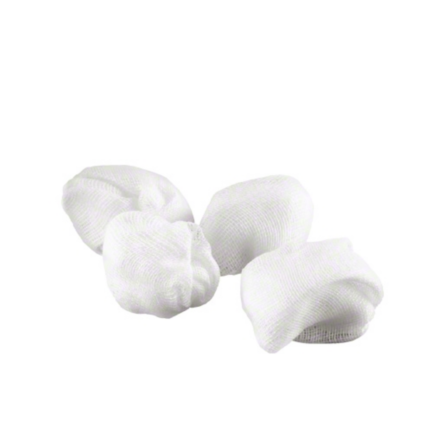 Quatro almofadas estéreis de tamanho de ameixa B. Braun Askina® Schlinggazetupfer da B. Braun Deutschland GmbH & Co. KG estão dispostas juntas sobre um fundo branco simples, ideal para aplicações médicas estéreis.