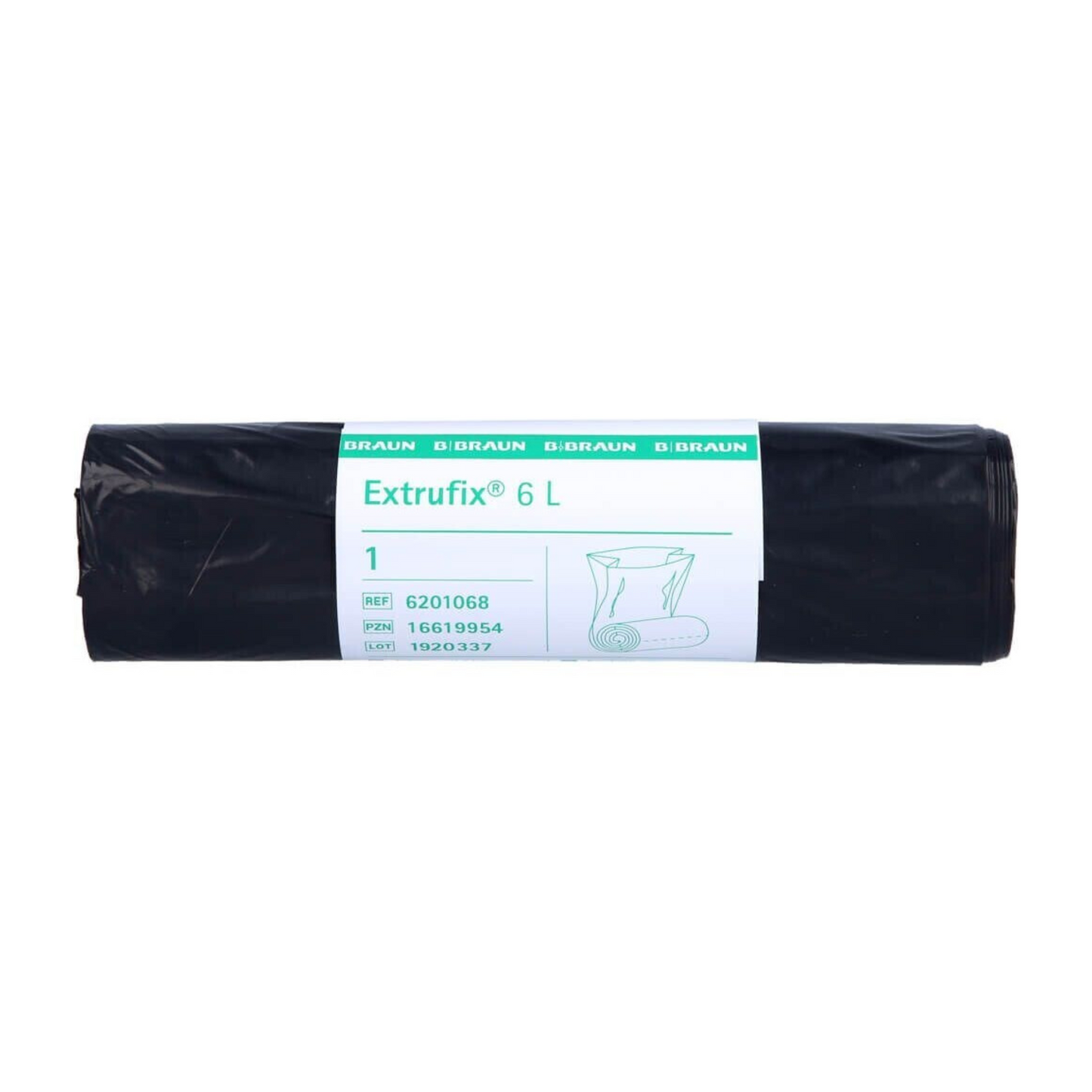 Um saco preto enrolado com a inscrição „B. Braun Extrufix® Saco de lixo em LDPE, 6 litros“ e detalhes do produto como números de referência e quantidades, ideal para uso como saco de lixo em LDPE.