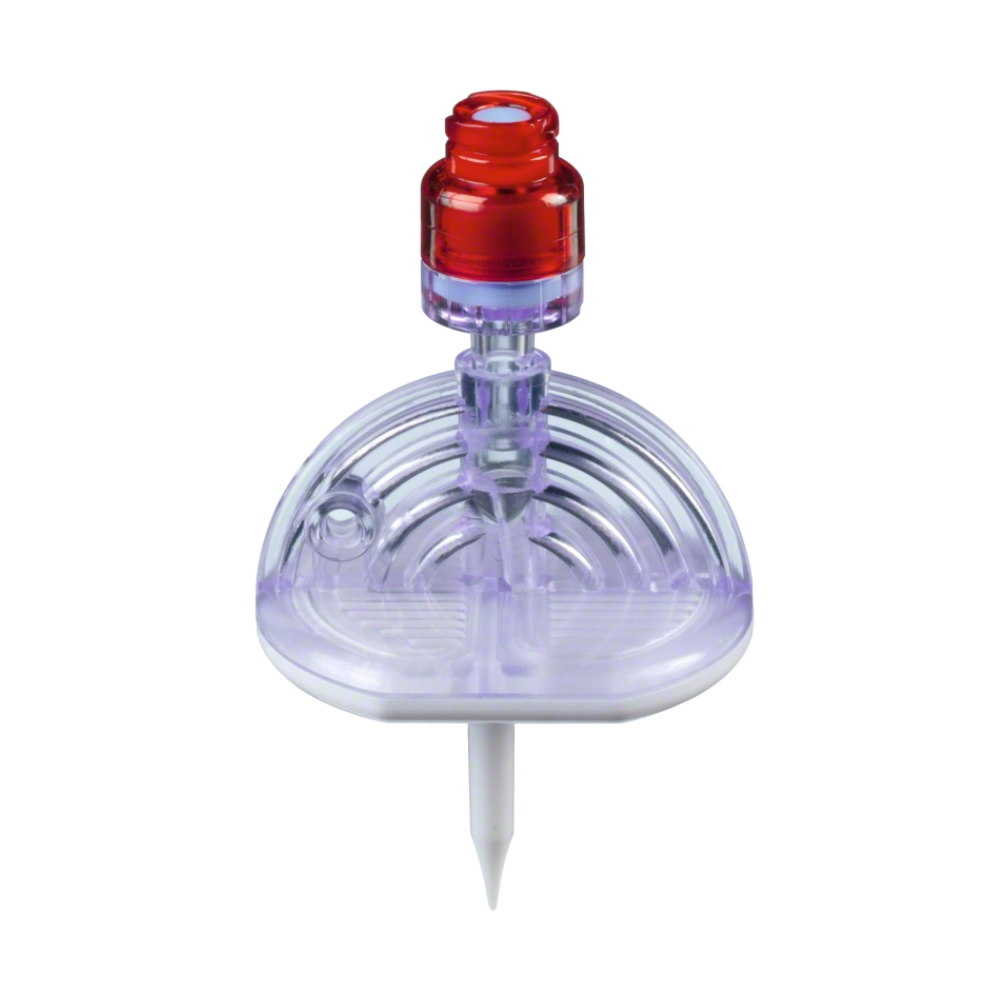 O B.Braun Mini-Spike® 2 Chemo, um spike de extração e injeção, fabricado pela B. Braun Deutschland GmbH & Co. KG, possui um design de plástico transparente e curvado com uma ponta vermelha marcante e uma base branca distinta. Sua cúpula de padrão circular complementa a coluna central oca, que se conecta facilmente à ponta vermelha, que contém uma válvula Safeflow integrada para aumentar a segurança.