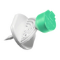 Uma tachinha B.Braun Mini-Spike® da B. Braun Deutschland GmbH & Co. KG em design de plástico verde e branco com topo plano e redondo e extremidade pontiaguda; a parte inferior é feita de forma a impedir uma penetração profunda nas superfícies.