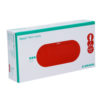 Caixa de luvas descartáveis de nitrilo Vasco® brancas B. Braun da B. Braun Deutschland GmbH & Co. KG, tamanho 8-9. A embalagem tem um design oval vermelho com um símbolo de mão no canto que identifica luvas sem látex e sem pó.