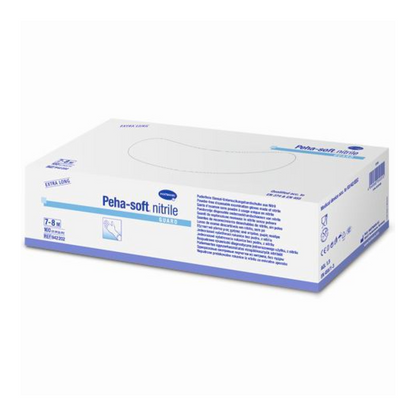 Uma caixa de luvas descartáveis Peha-soft® Nitril Guard, tamanho 7-8 Médio, sobre fundo branco. A caixa é principalmente branca e azul e contém um texto com características detalhadas do produto da Paul Hartmann AG.