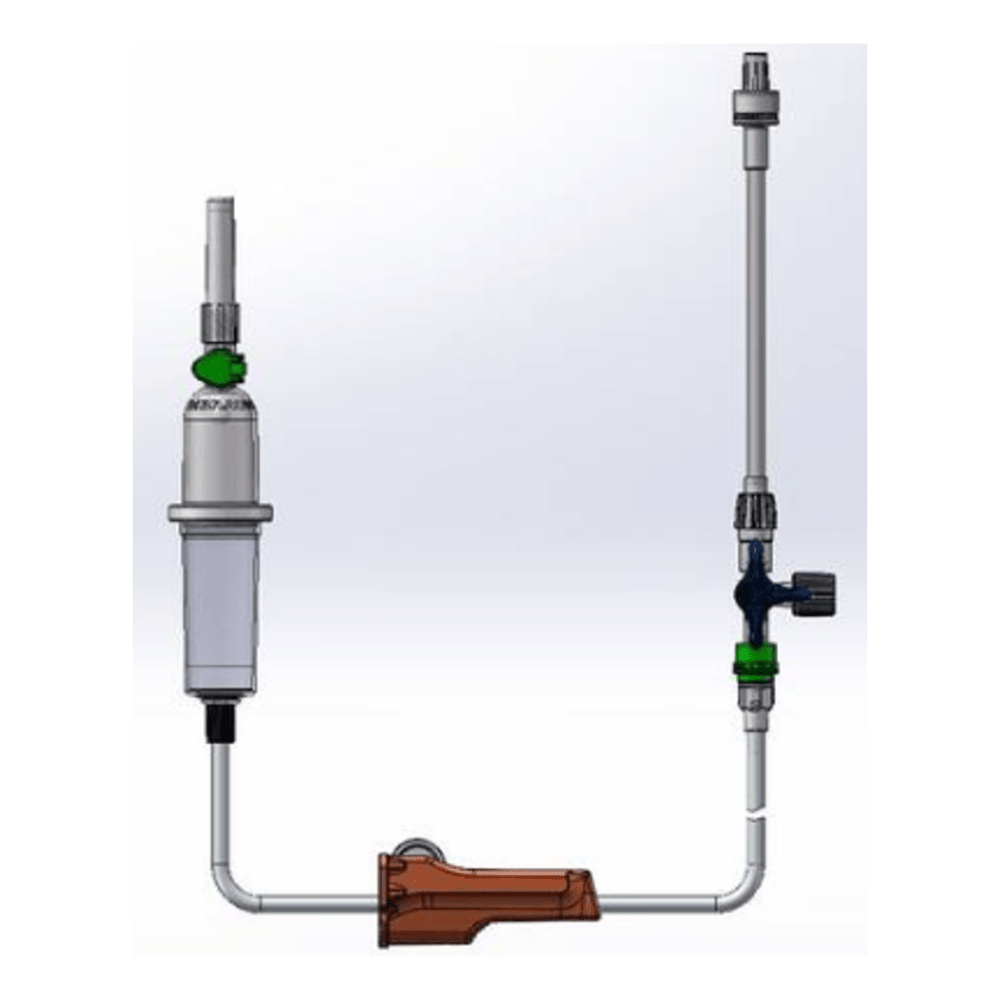 Imagem de um sistema de canalização com tubos e válvulas conectados. O sistema é composto por um componente cilíndrico vertical com um manômetro e um conjunto de infusão B.Braun ProSet Intrafix Primeline, 180 cm da B. Braun Deutschland GmbH & Co. KG, que contém conexões e tem uma caixa marrom na base.
