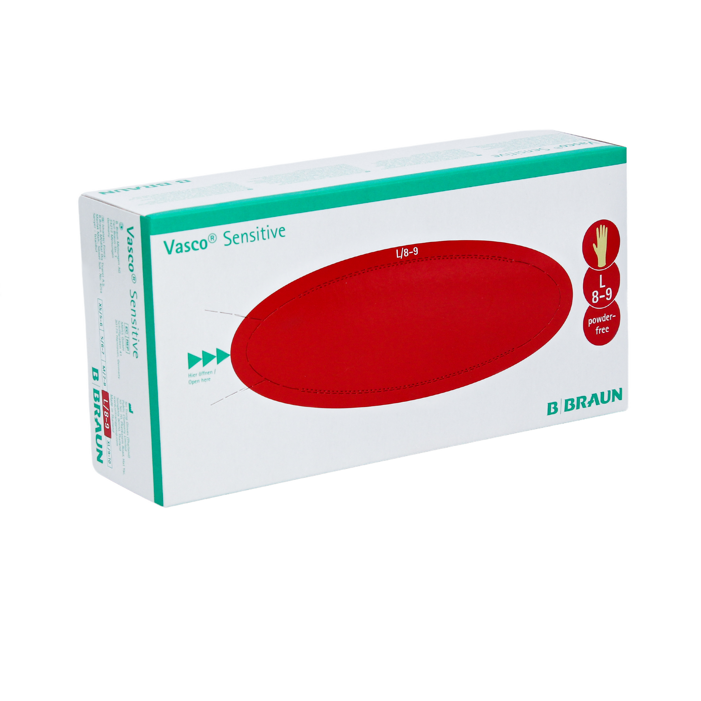A imagem mostra uma caixa branca de Luvas de Exame de Látex Sensíveis Vasco® da B. Braun Deutschland GmbH & Co. KG. Há um oval vermelho incorporado com símbolos para o tamanho das luvas L/8-9, indicando que as luvas são livres de látex natural.