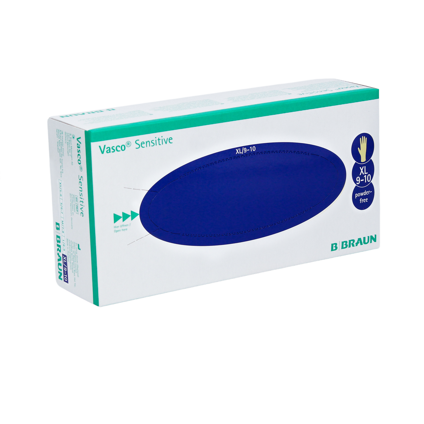 Caixa com B. Braun Luvas de Exame de Látex Sensíveis Vasco® da B. Braun Deutschland GmbH & Co. KG, com um grande oval azul na frente. Essas luvas de látex natural estão no tamanho XL (9-10) e são sem pó. A embalagem branca é acentuada com texto verde e azul.