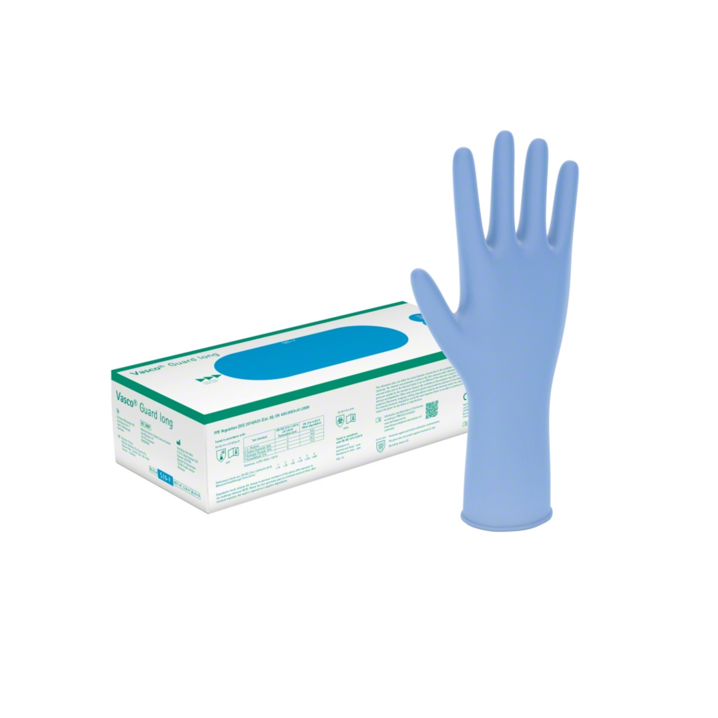 Uma luva descartável longa Vasco® Guard azul B. Braun, extra longa e sem látex, está em pé ao lado de sua caixa de embalagem. O fundo branco simples destaca bem estas luvas de exame de nitrilo-butadieno da B. Braun Deutschland GmbH & Co. KG.