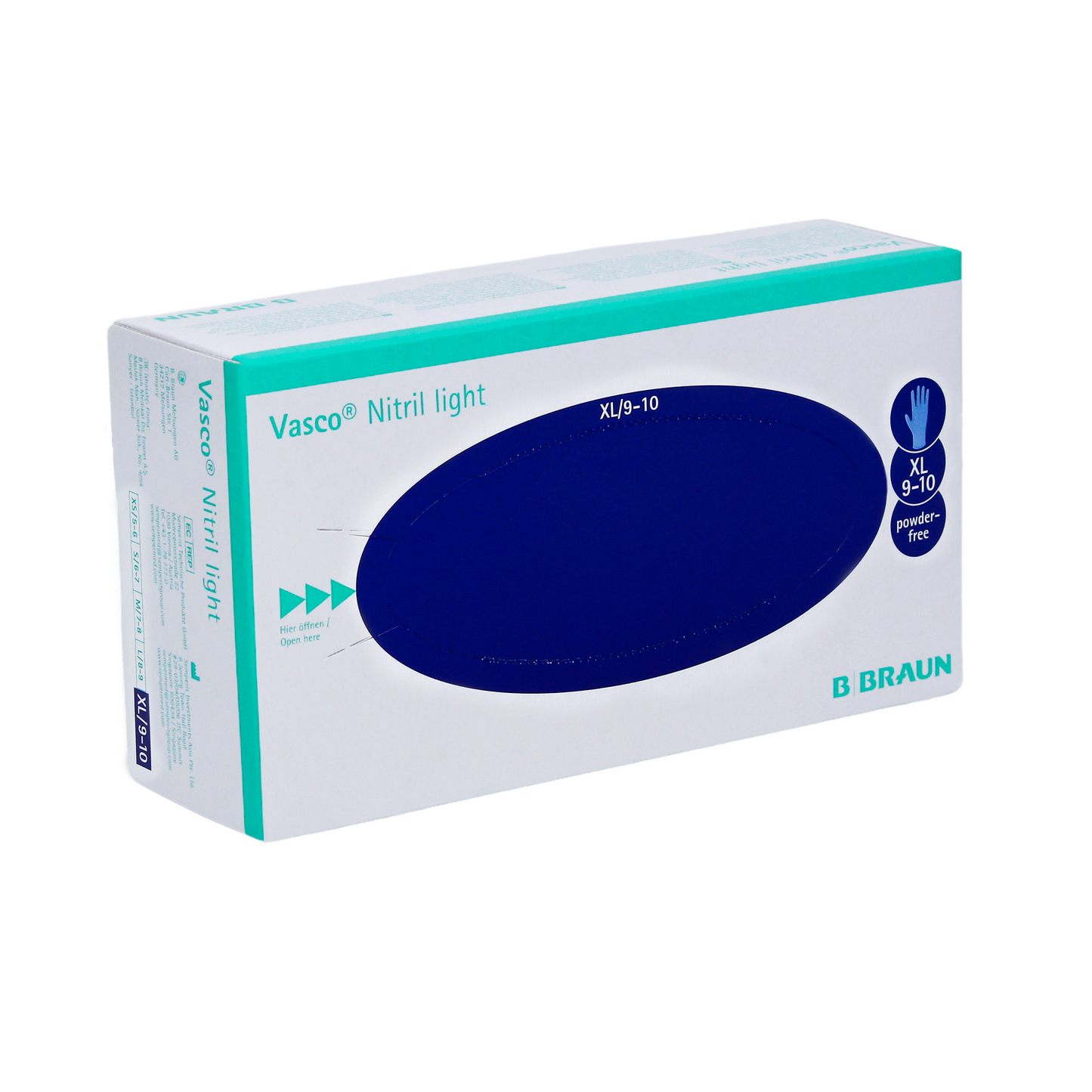 Uma caixa de B. Braun Vasco® Nitril light luvas de exame da B. Braun Deutschland GmbH & Co. KG com a designação XL/9-10 está em uma embalagem predominantemente branca com um grande design oval azul e um texto que indica que estas luvas médicas são sem pó e sem látex.