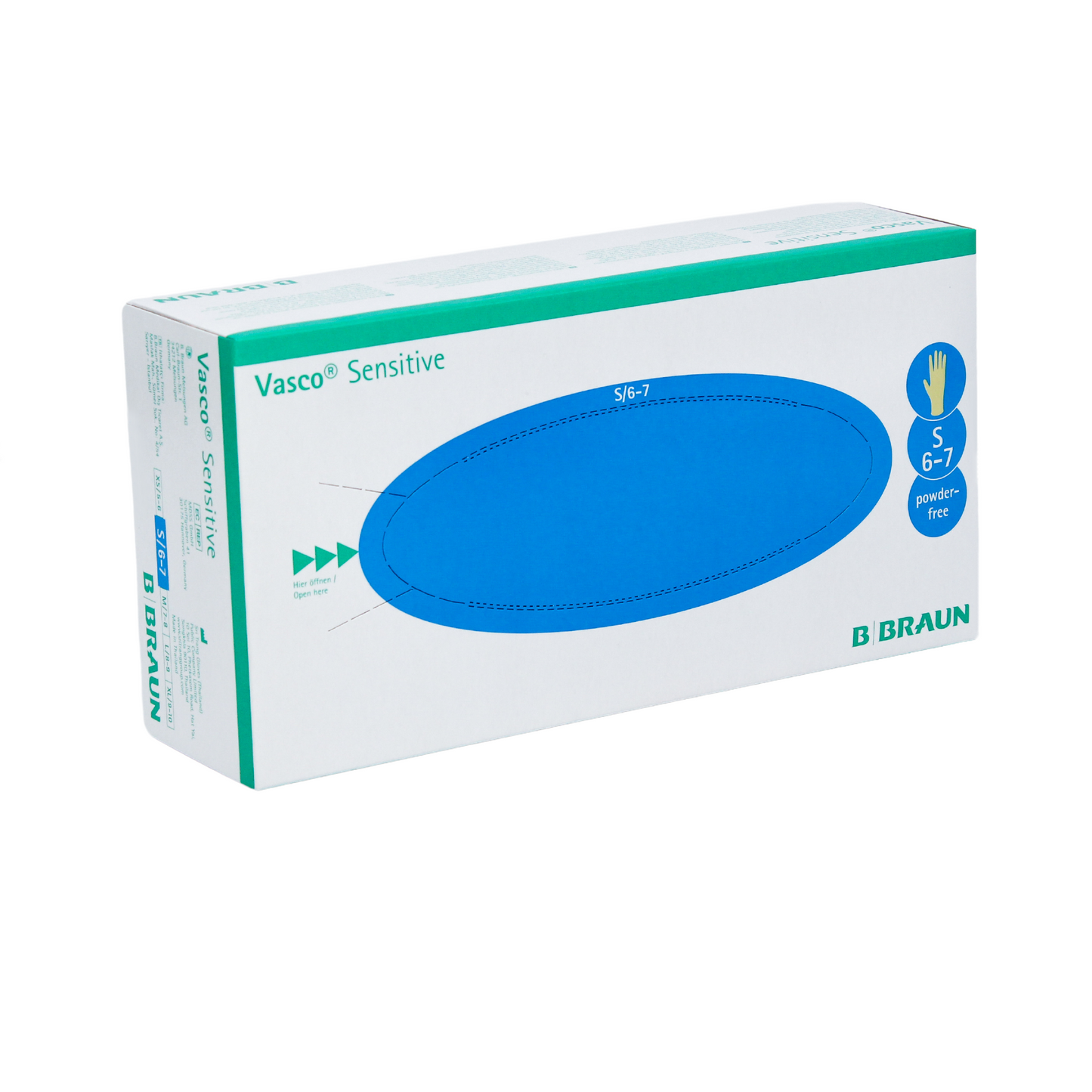 Uma caixa de B. Braun Vasco® Luvas de Exame de Látex Sensíveis da B. Braun Deutschland GmbH & Co. KG feita de látex natural é decorada com um gráfico oval azul e está disponível no tamanho S (6-7). Essas luvas sem pó são projetadas para armazenamento ou distribuição conveniente.