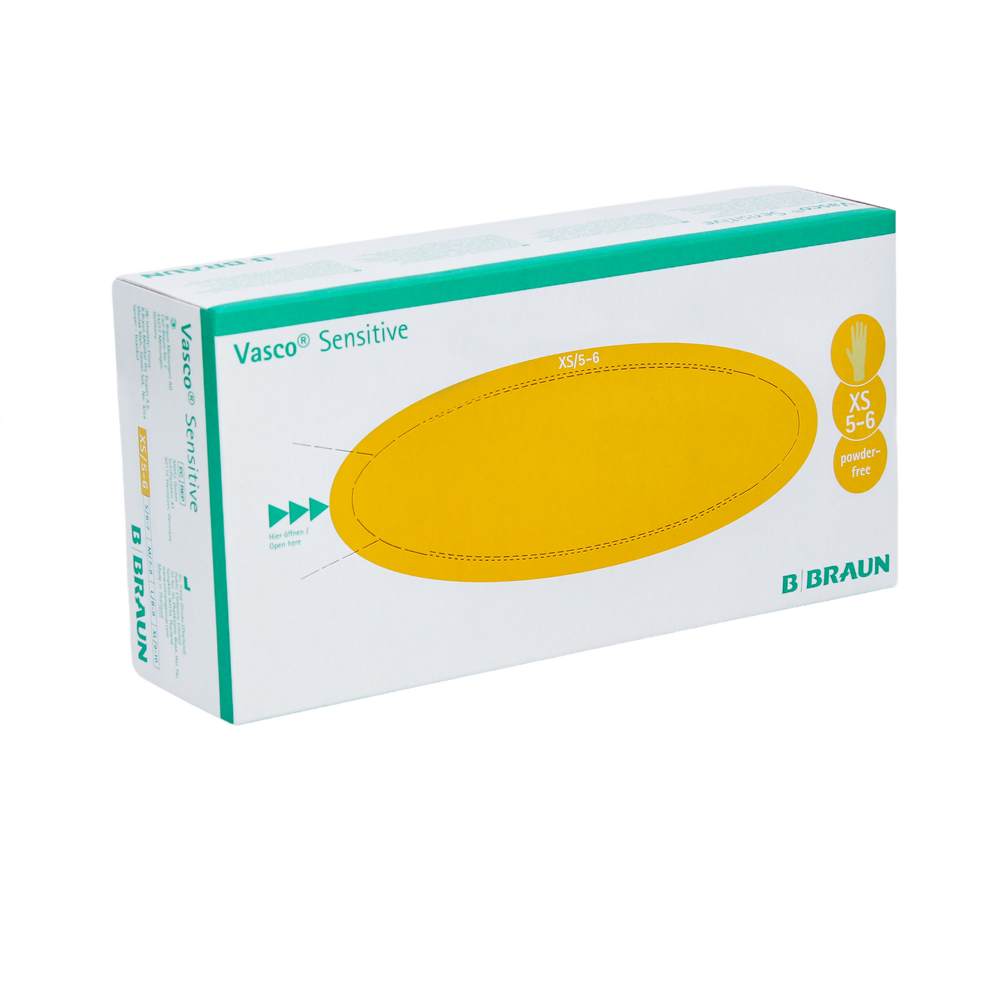 A imagem mostra uma caixa de B. Braun Vasco® Luvas de Exame de Látex Sensíveis, tamanho XS 5-6, da B. Braun Deutschland GmbH & Co. KG. A embalagem é projetada em branco e verde, com um oval amarelo chamativo que destaca o tamanho e detalhes das luvas. Essas luvas de látex natural são sem pó, oferecendo assim mais segurança e conforto.