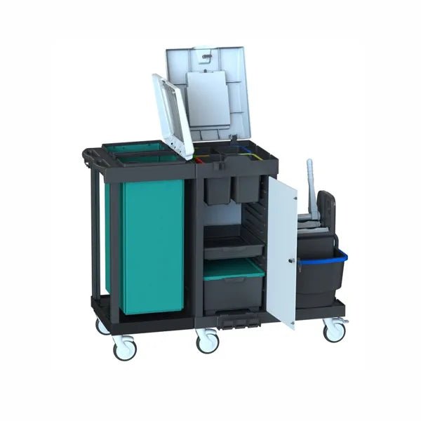 O Arcora Bora Medical 550 Servicewagen Komplett da Arcora International GmbH é um carrinho de limpeza preto e azul-esverdeado com compartimentos, prateleiras, recipientes, suporte para esfregões e rodas - aqui com portas/tampas abertas para armazenamento em áreas de limpeza médica.