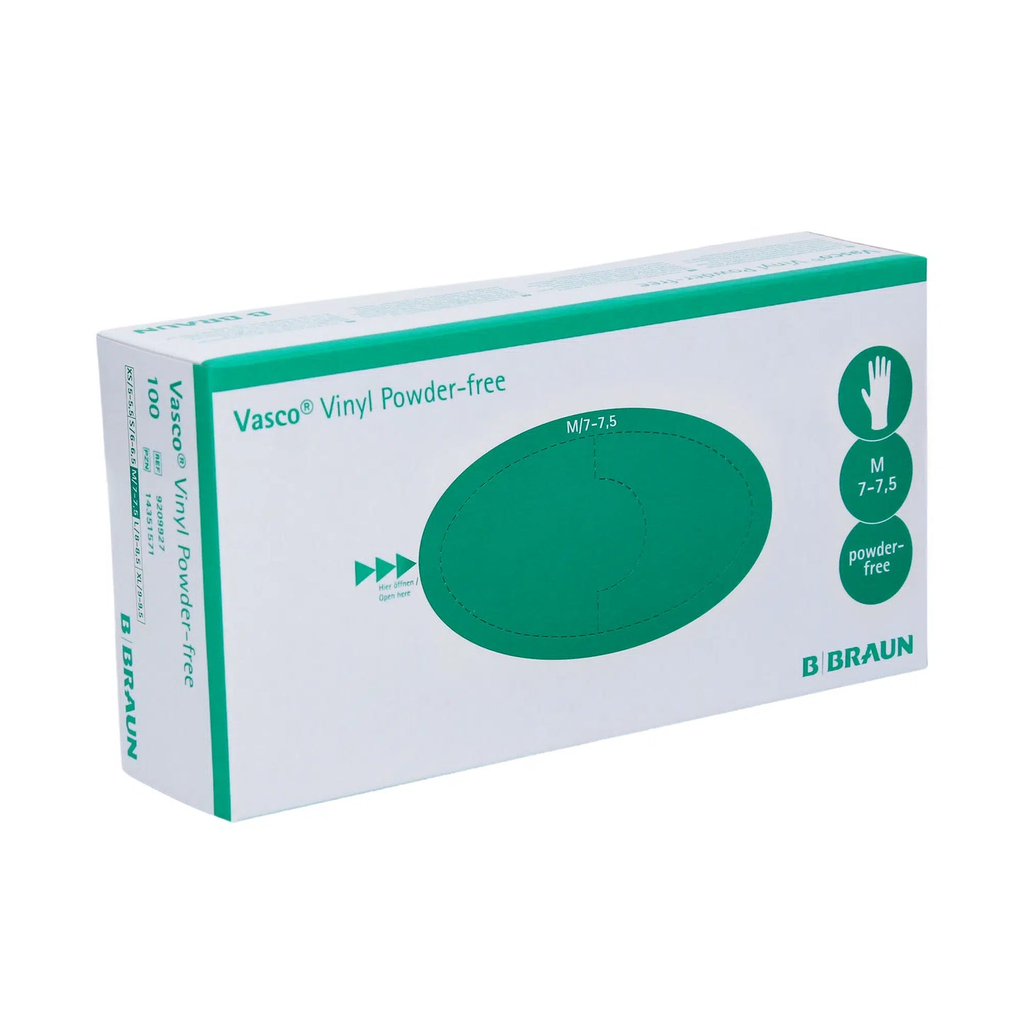 Caixa com B. Braun Vasco® Luvas Descartáveis de Vinil sem Pó da B. Braun Deutschland GmbH & Co. KG. A embalagem é principalmente branca com acentos e texto verdes, destacada por um gráfico de luva verde marcante. Estas luvas sem látex estão no tamanho M, 7-7,5, e cada caixa contém 100 luvas descartáveis de vinil.