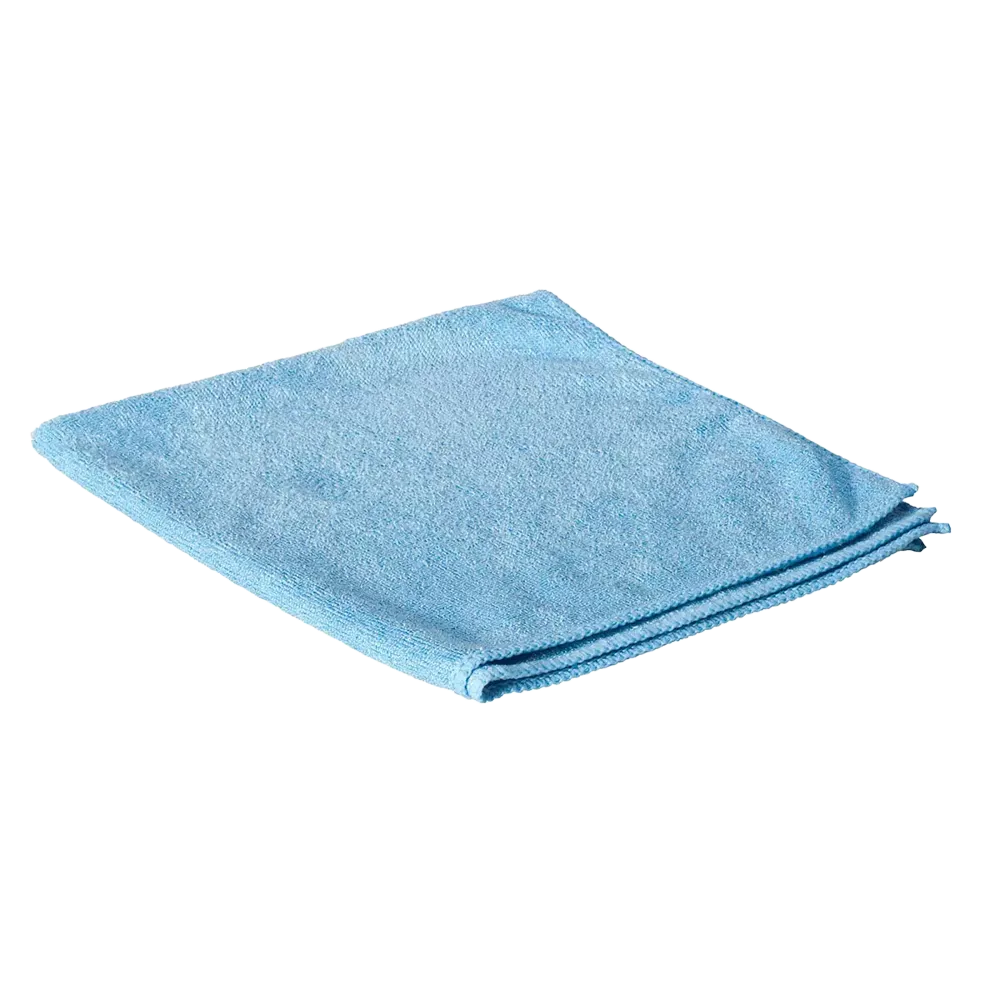 Diante de um fundo branco, vê-se um pano de microfibra AMPri Clean Comfort 40 x 40 em azul claro, limpo e dobrado, da AMPri Handelsgesellschaft mbH.