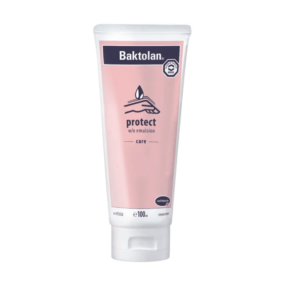 Um tubo de 100 ml de item descontinuado: BODE Baktolan® protect creme protetor de pele da Paul Hartmann AG tem um rótulo rosa com letras pretas, uma tampa branca, um gráfico de mão, uma informação do produto e o logotipo de proteção de pele BODE.