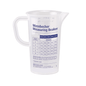 Um copo medidor BODE transparente de 250 ml com marcações métricas e um manual detalhado impresso em alemão para converter volume em peso de ingredientes de cozinha como açúcar e farinha da Paul Hartmann AG.