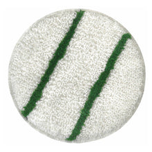 Uma almofada redonda branca Arcora Bonnetpad da Arcora International GmbH com duas linhas verdes diagonais - perfeita para uso como almofadas de limpeza. Entregue em uma caixa com 5 unidades.