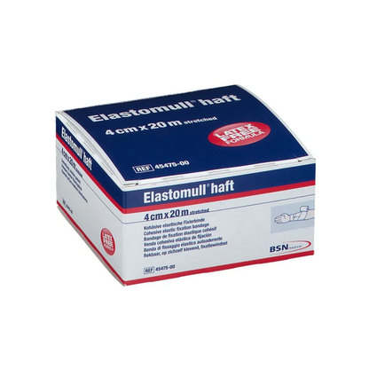 Está exposta uma embalagem de BSN Elastomull® haft, bandagem de fixação elástica, 4 cm x 20 m. A embalagem é predominantemente azul e branca com acentos vermelhos e contém um texto multilíngue que destaca o produto como uma bandagem coesiva de polímero sem látex e sublinha sua função como bandagem elástica coesiva. A marca por trás deste produto é a BSN Medical GmbH.