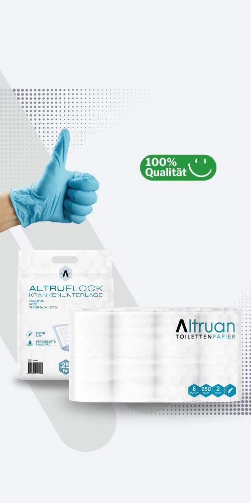 Eine Hand in einem blauen Handschuh zeigt den Daumen nach oben neben einer grünen Plakette mit der Aufschrift 