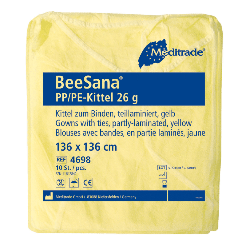 Embalagem descartável amarela, parcialmente laminada, Meditrade BeeSana® PP/PE-Kittel 26g, rotulada com detalhes do produto em alemão e símbolos para reciclabilidade e conteúdo da embalagem da Meditrade GmbH.