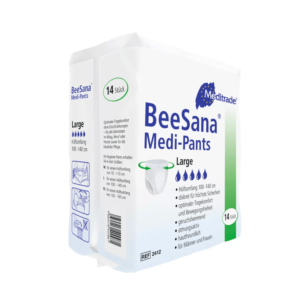 Embalagem de BeeSana® Medi-Pants, fraldas para incontinência grandes, mostra uma caixa branco-azul com 14 fraldas de incontinência. Símbolos ilustram o uso e o texto destaca características como respirabilidade e conforto com uma Meditrade GmbH.