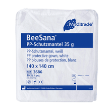 Embalagem para o Meditrade BeeSana® PP-Mantel de proteção 35g, um manto de proteção branco para uso hospitalar da Meditrade GmbH. A embalagem tem as medidas de 140 x 140 cm e é ideal para uso único. Contém um total de 100 peças por embalagem.